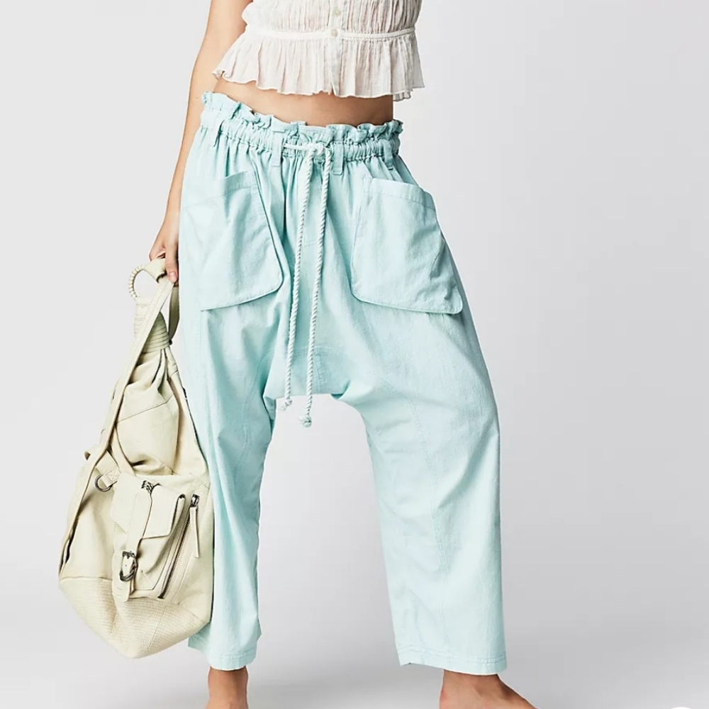 Free People  NWT Runyon Oversized Solid Harem Pants Paperbag Waist Cool Air Blue - Picture 3 of 11